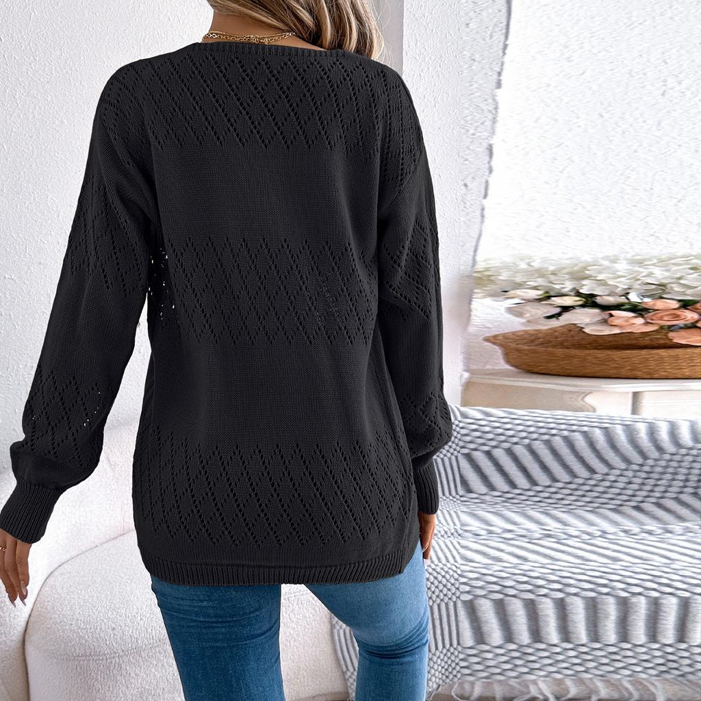 Women's Casual Solid Color Hollow  Long Sleeve Cardigan Mid-Length Sweater Jacket