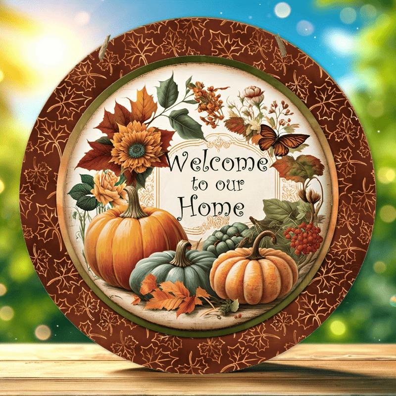 2d Flat 20*20cm, Home Decoration, Autumn Welcome Home, Pumpkin Wooden Circular Logo Creative Decoration Board, for Home, Club, Cafe Bedroom, Bar Decor