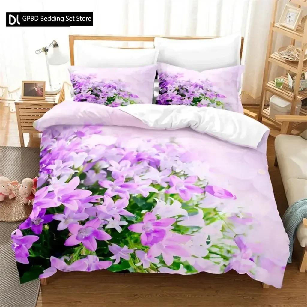 Lila Blumen Königin Bettwäsche Set Für Schlafzimmer Weich Modern Bettüberwürfe Bequem Kinder Bettbezug Steppdeckenbezug Und Kissenbezug