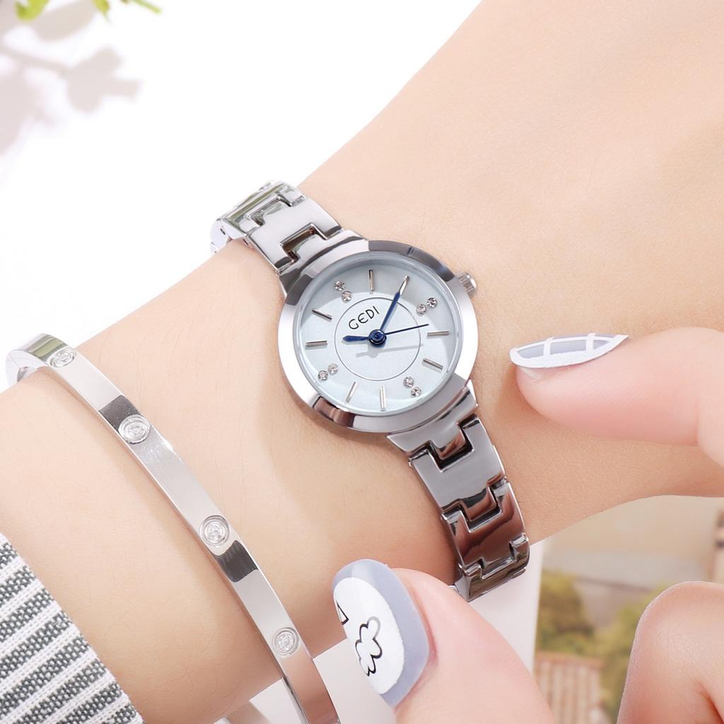 GEDI Luxusmarken-Uhr Damen Mit Diamanten besetzte Studentenuhren Wasserdicht Silbernes Armband Damenmode Quarz-Armbanduhren Geschenk