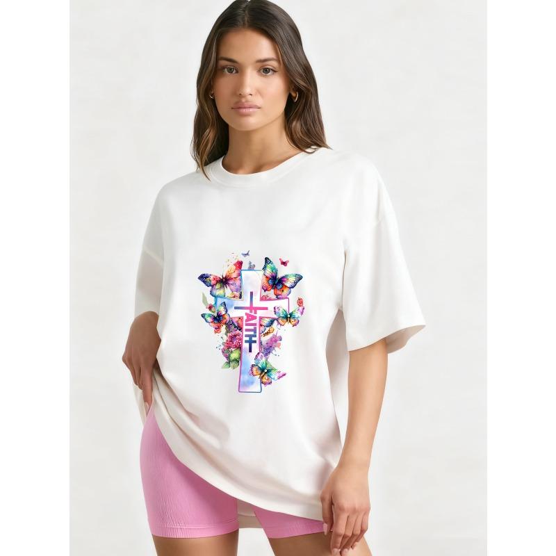 

Oversized T-Shirt Black Cross With Colorful Butterflies And Chinese Characters Print Casual Streetwear For Women XXXXL белый