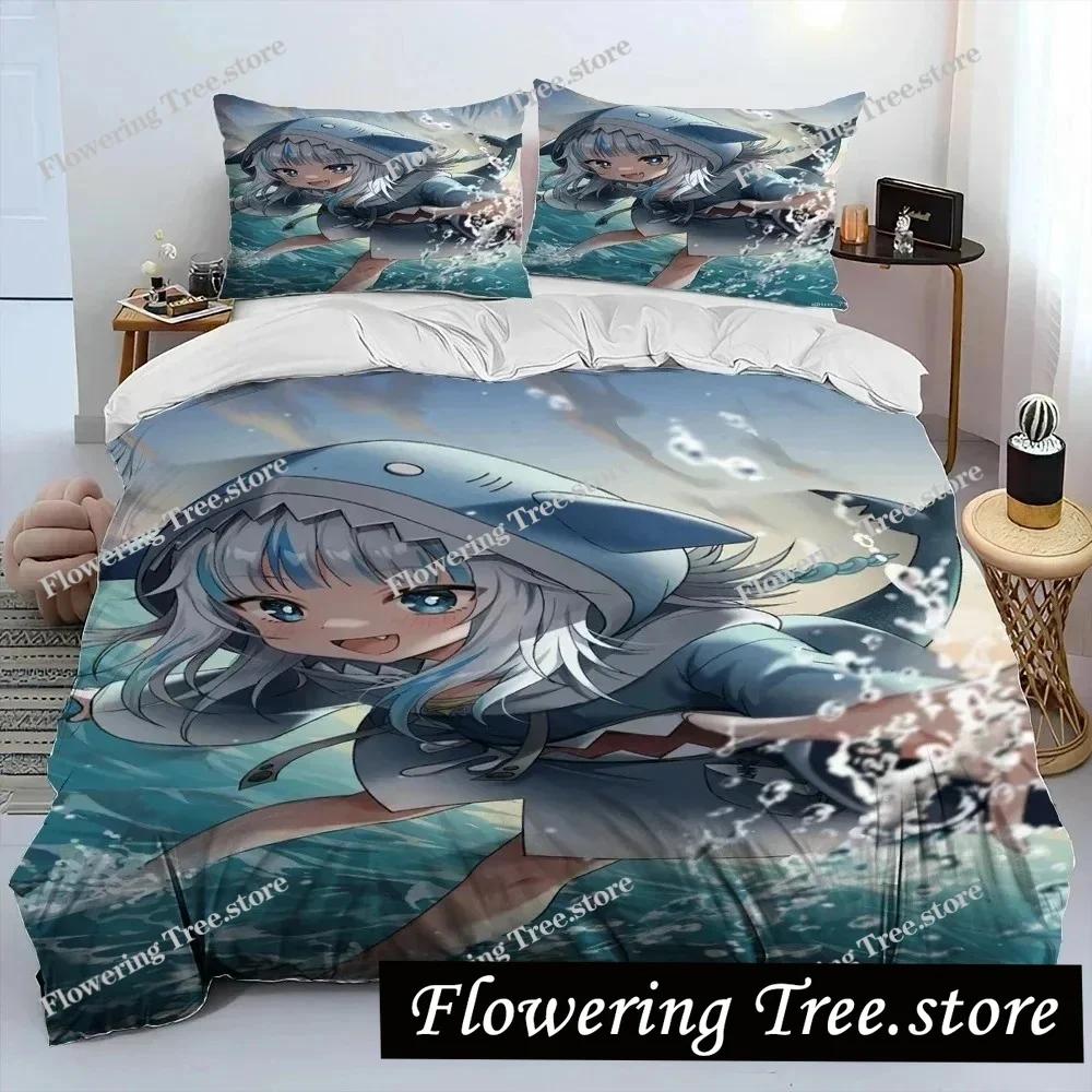 Cute Gawr Gura Hololive Anime Shark Comforter Bedding Set,Duvet Cover Bed Set Quilt Cover Pillowcase,king Queen Size Bedding New