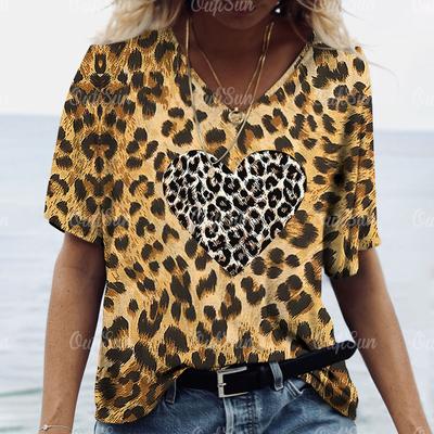 2024 Nouveau T-shirt Vintage Imprimé Léopard Coeur Pour Femmes Grande Taille Haut Tendance Femme Vêtements Chemise À Manches Courtes Chemisier Col V