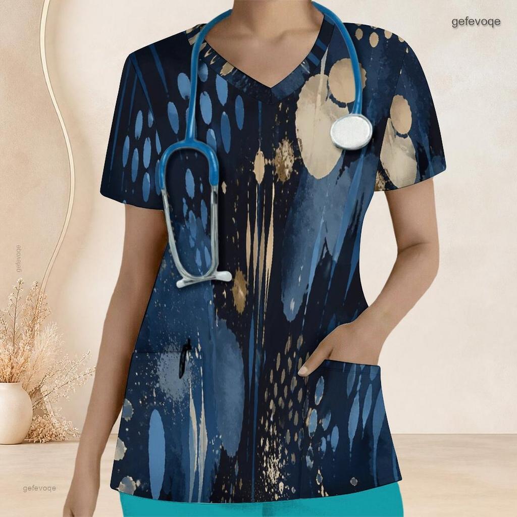 Women Plus Size V Neck Short Sleeve Printed Nurse Scrub Top With Front Pockets Blue Green