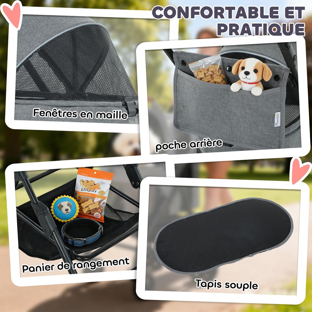 Dog Stroller, 3-in-1, Detachable, Foldable, Removable Bassinet, Suspension, Grey