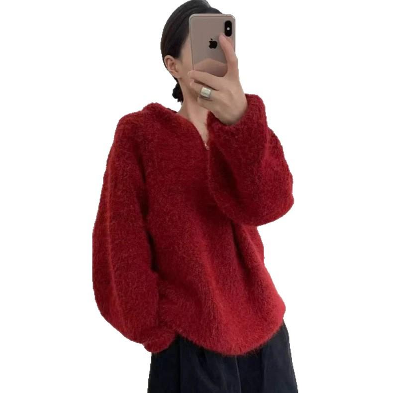 Korean Red Lambswool Brushed Half-Zip Hooded Knit Pullover Sweater for Women - Autumn/Winter Fashion.