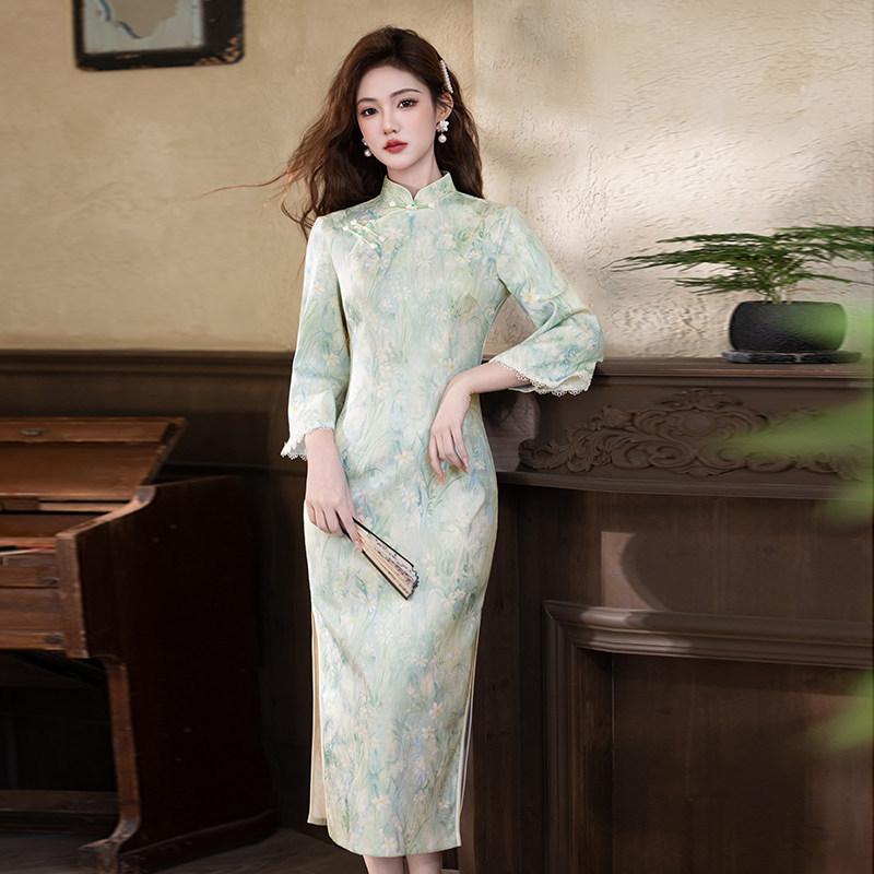 Stile nazionale verde nuovo cinese Suzhou manica lunga autunno cheongsam migliorato giovane 1011 nuovo da donna sensazione di alta gamma primavera e autunno