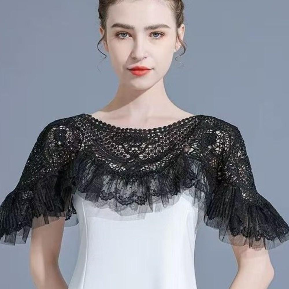 New Vintage Cheongsam Crochet Tippet Mesh Trim Ruffle Hollow-Out Shawl Black Off‑Shoulder Shawl Cape Coat Summer Sun Protection