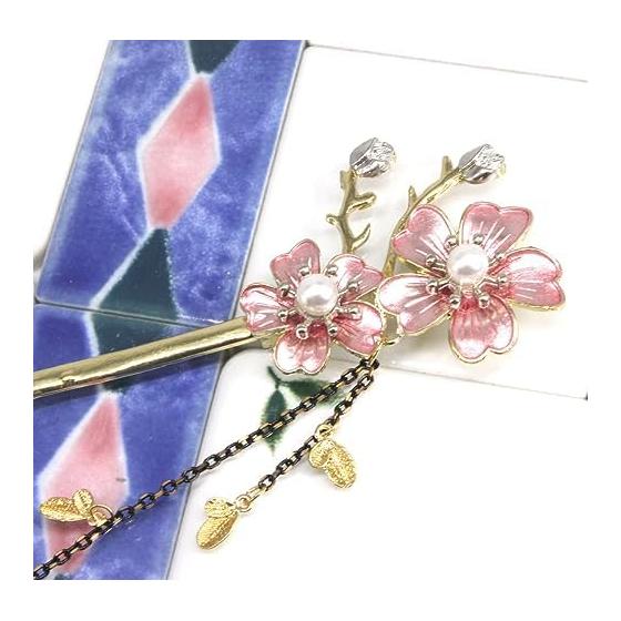 [Miaomyao] Haarstab Kanzashi - Japanisches Haaraccessoire für Kimono, Yukata und formelle Anlässe - Perle, Kirschblüte, Gold - Eleganter Haarstab