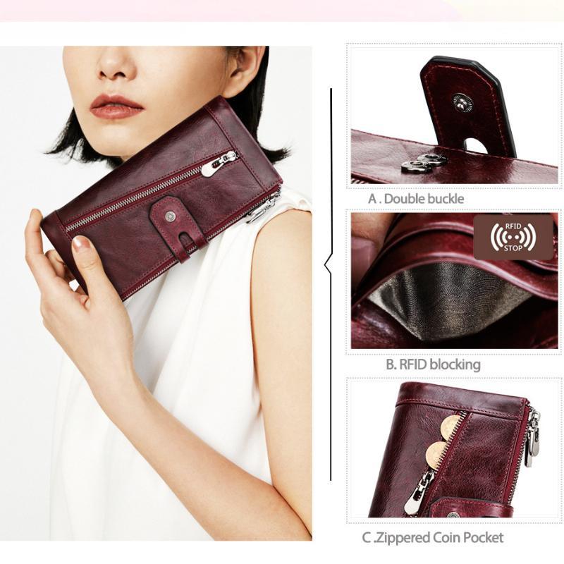 Triple Layer Zipper Women Long Wallet Old Fashioned Genuine Leather Ladies 3 Fold Coin Purse RFID Anti-theft Money Clips Card Holder Bag for Wife Gift