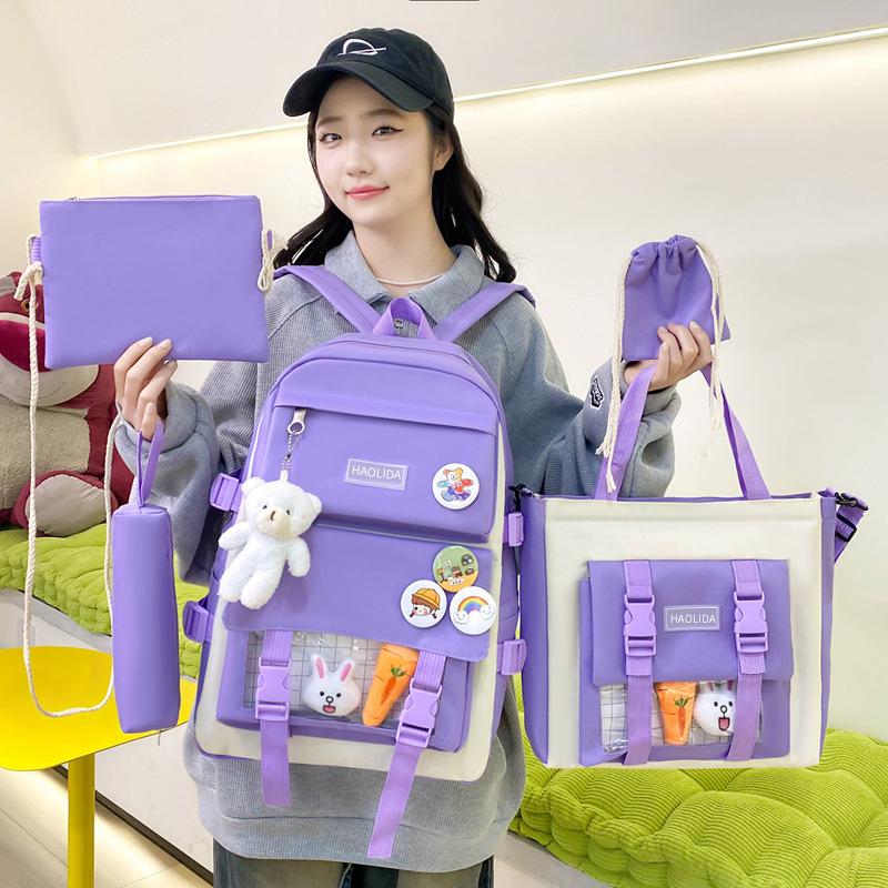 Five Piece Set Student Schoolbag Transparent Backpack  Women Outdoor Portable Storage Bags Large Capacity Travel Bag Gift