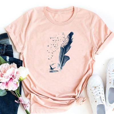 Lovely Feather Style Trend 90s Sweet Tee Top Fashion T Shirt Clothing Casual Short Sleeve Women Print Lady Female Graphic T-shirt