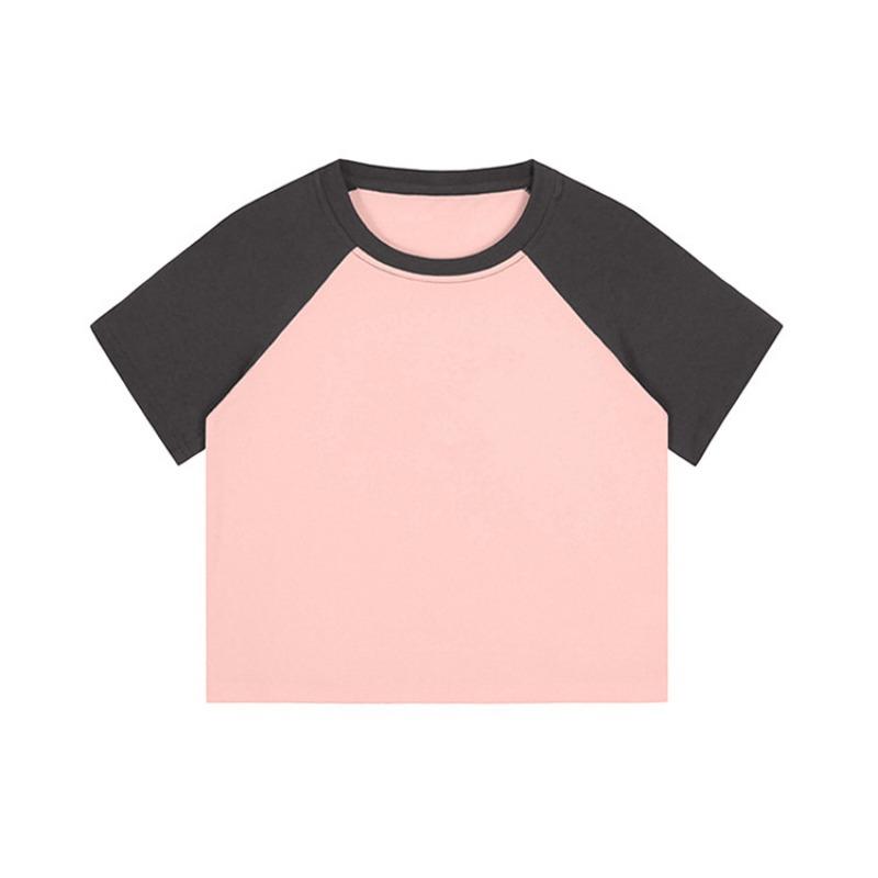 Ensfarvet Rund hals Skuldermermer Ren bomull Fargeblokkert Kort Glansfull Kortermet T-skjorte