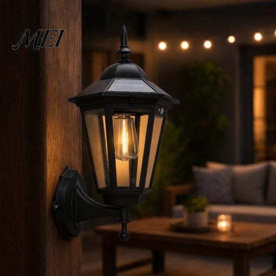 Black Matte Solar Wall Light Vintage Light, Motion Sensor Outdoor Sconce with Glass Retro Garden Lantern Shade, Waterproof for Patio Porch Pathway