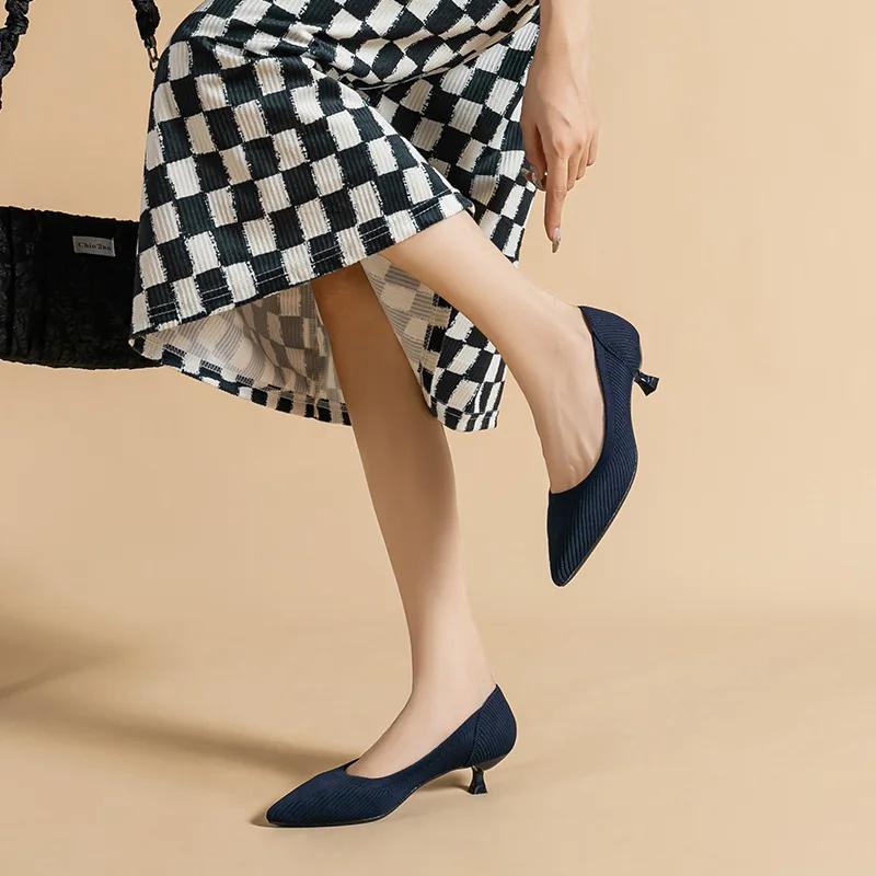 Pointed Toe Solid Color Stretch Knitted Shoes Pumps Slip On Sole Low Heels Breathable Loafers Women Mesh Shallow Sock Shoes