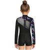 Ensemble Maillot de Gymnastique Danse Fille Manches Longues Impression Papillon Strass Fermeture Éclair Dorsale Body Short Bandeau pour Cheveux