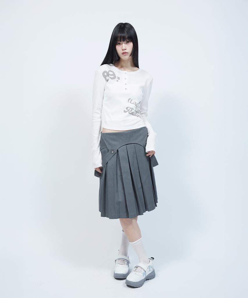 LMR Lettering Graphic Waffle Henley Neck Long Sleeve T-Shirt Ivory