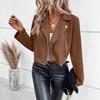 Women's Short Brown Suede Leather Moto Jacket, Multiple Color Options, Casual Outerwear