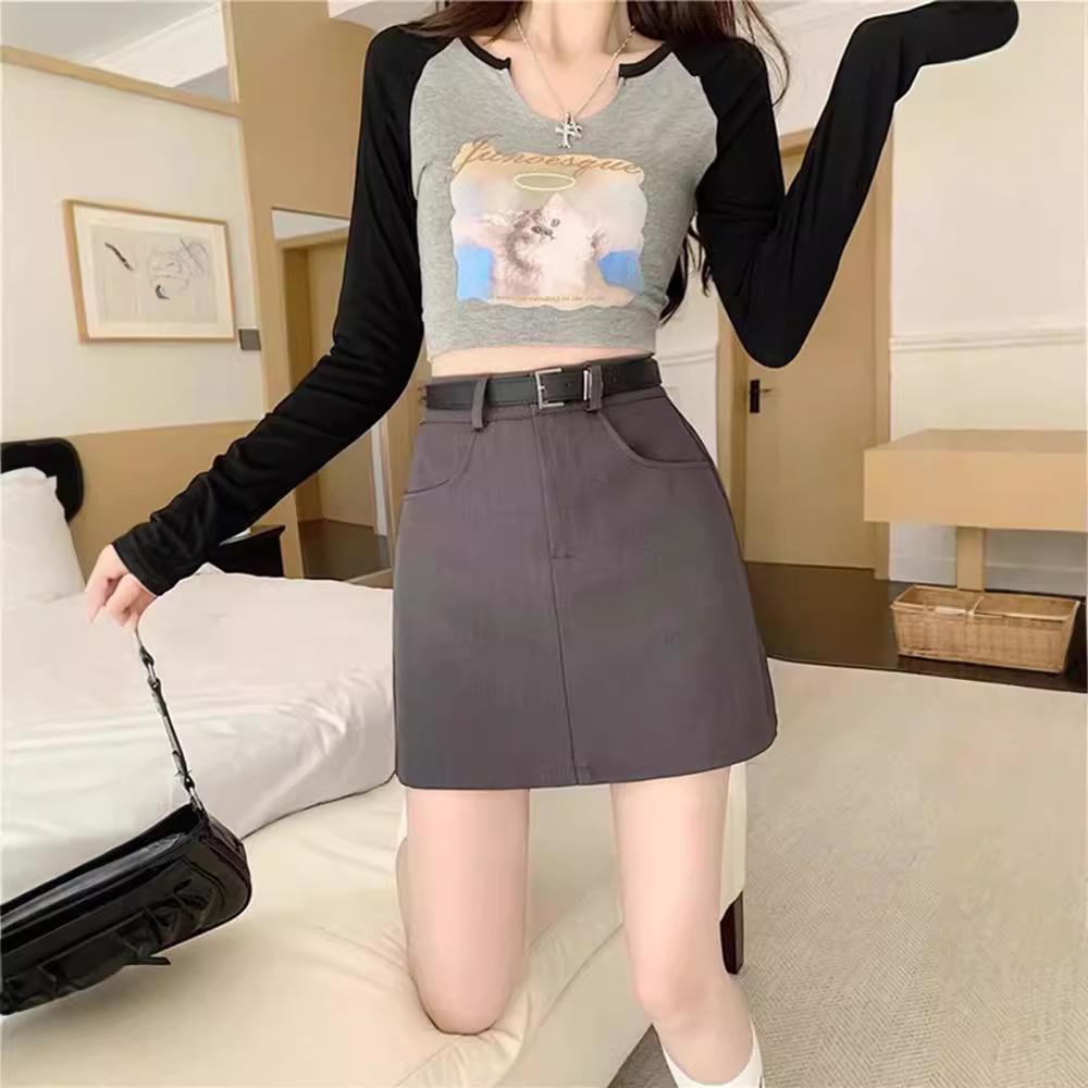 2024 Women's Gray A-Line High Waist Workwear Skirt