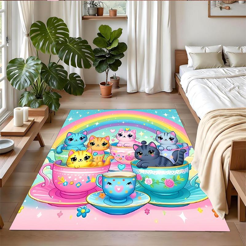 Anti‑Slip Crystal Velvet Floor Rug, Cat Design Carpet for Indoor Living Bedroom Home Decoration