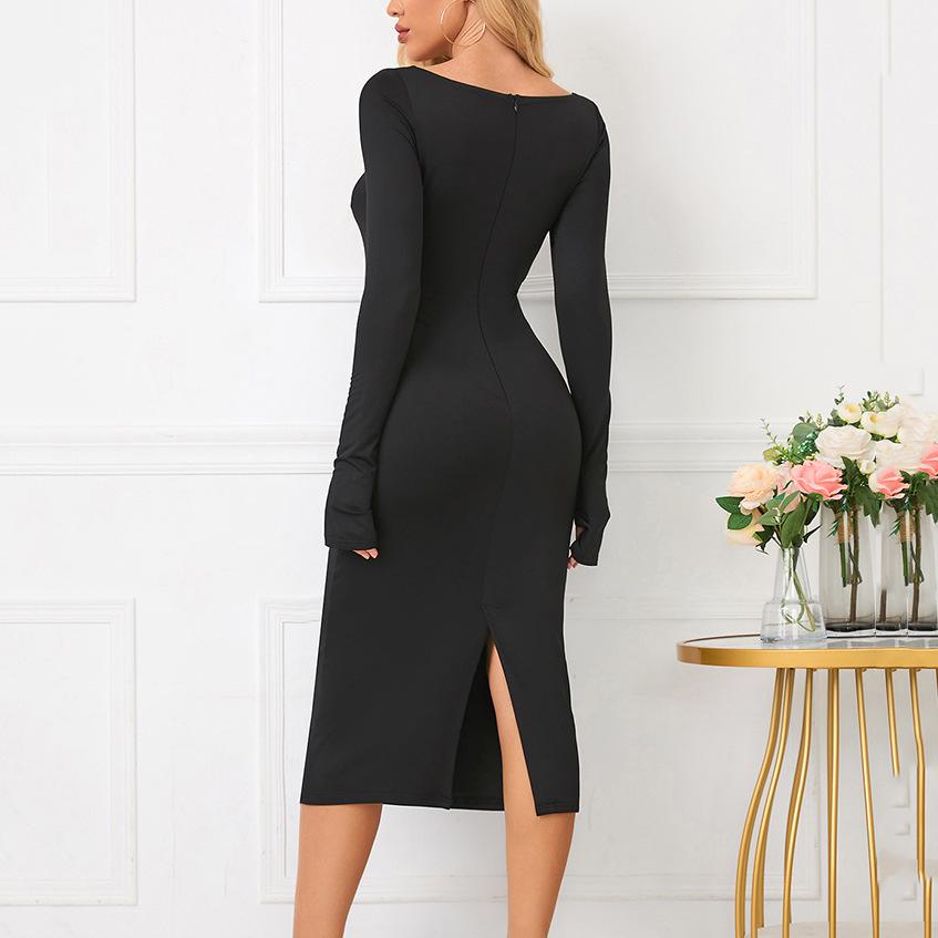 European, American autumn and winter hollow dress, popular women's clothing, sexy square neck split hip dress