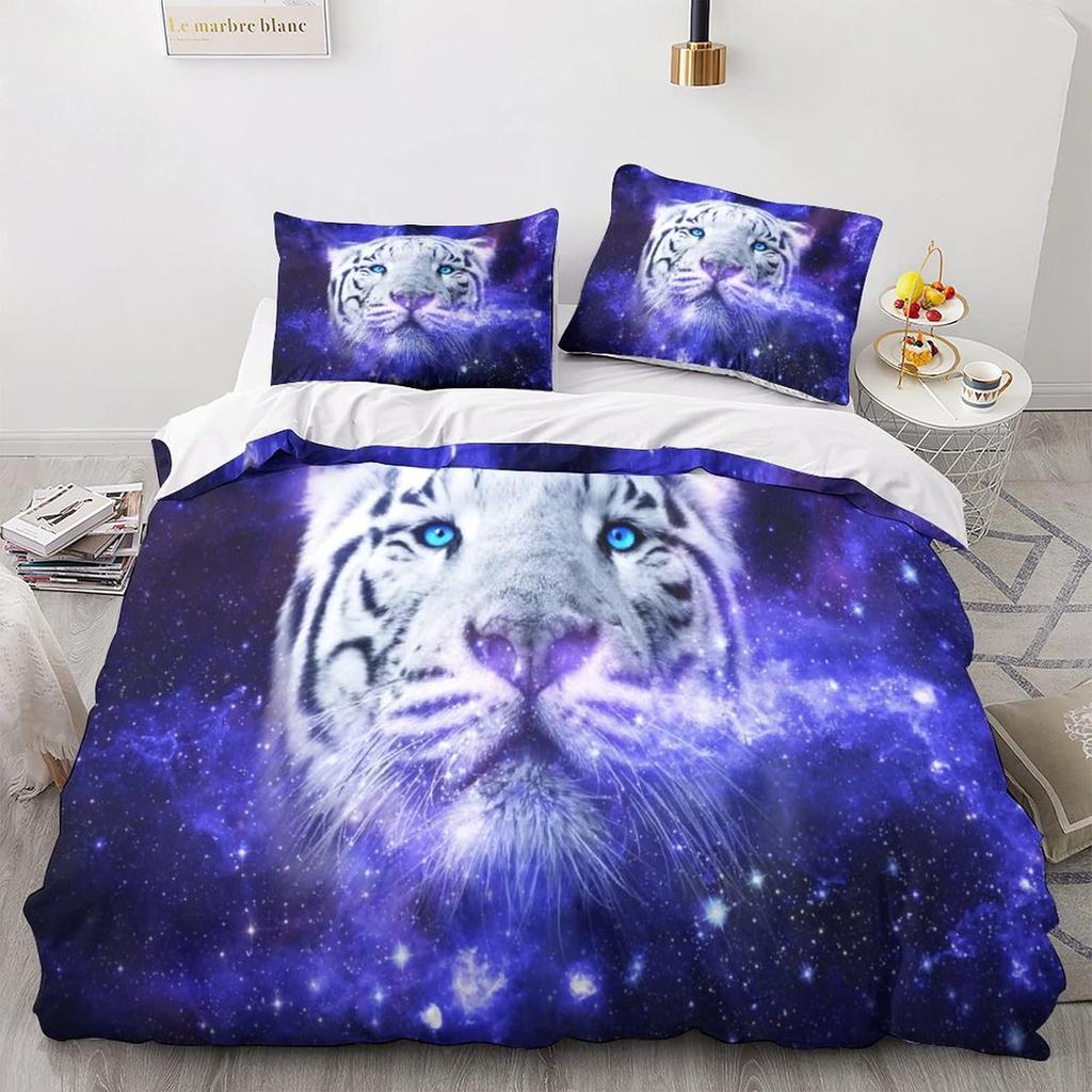 Zestaw 3-częściowy z mikrofibry z nadrukiem Tygrys dla Dzieci Chłopców, Pościel z poszewką na kołdrę 3D Biały Tygrys Zestaw 3D Drukowana Poszwa na Kołdrę z Poszewką na Poduszkę