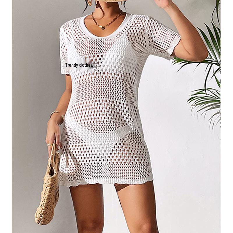 European & American Women's Sexy Hollow Short-Sleeve Bikini Cover-Up Sun Shirt