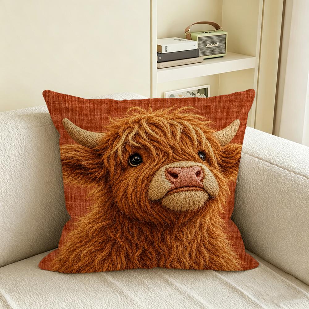 Tier D Flachgedruckter Hochlandrind Kissenbezug Natürliches Leinen Kissenbezug Set All-in-One Dekoration für Sofa Schlafzimmer Stuhl