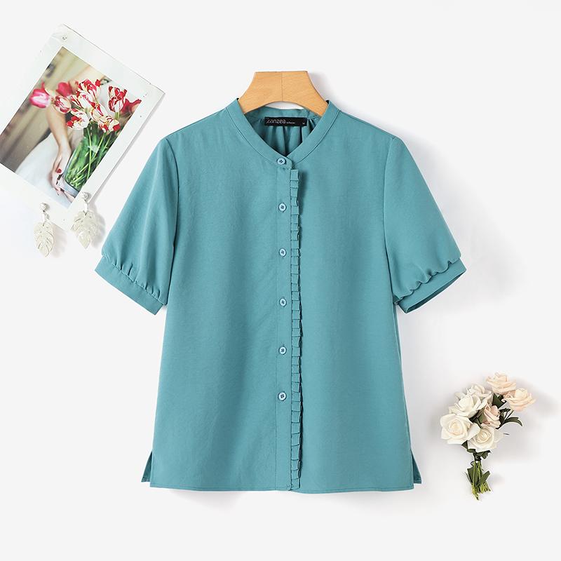 ZANZEA Damen Freizeit Rundhals Einfarbig Kurzarm Bluse