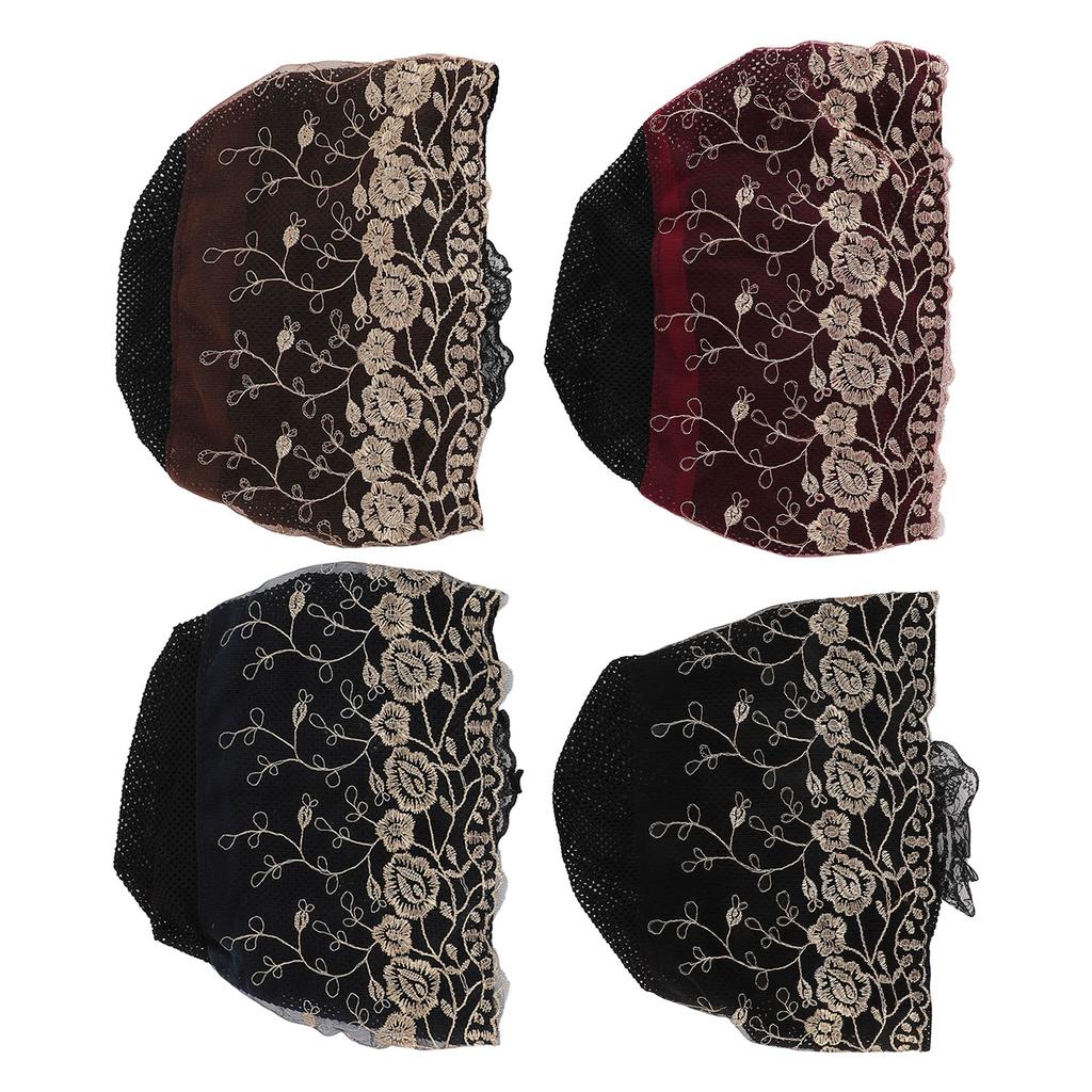 4 Pcs Women Muslim Inner Hijab Cap Black Wine Red Navy Blue Coffee Color Lace Cotton Embroidered Und