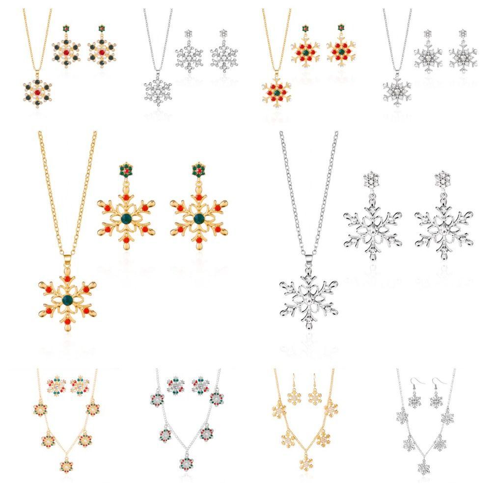 Zinc Zinc Zinc Alloy Xmas Dangle Earrings Rhinestone Snowflake Necklace Christmas Jewelry Set  Gift