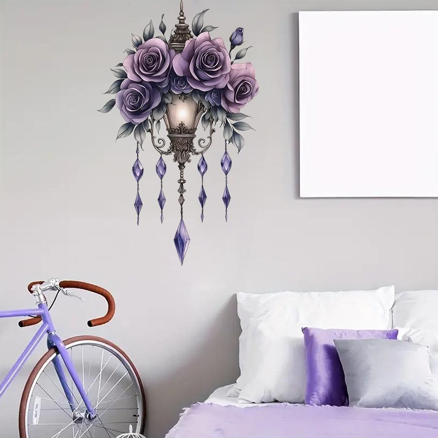Cartoon Aesthetic Purple Floral Chandelier Wall Stickers, Self-Adhesive Girly Room Decor Decals