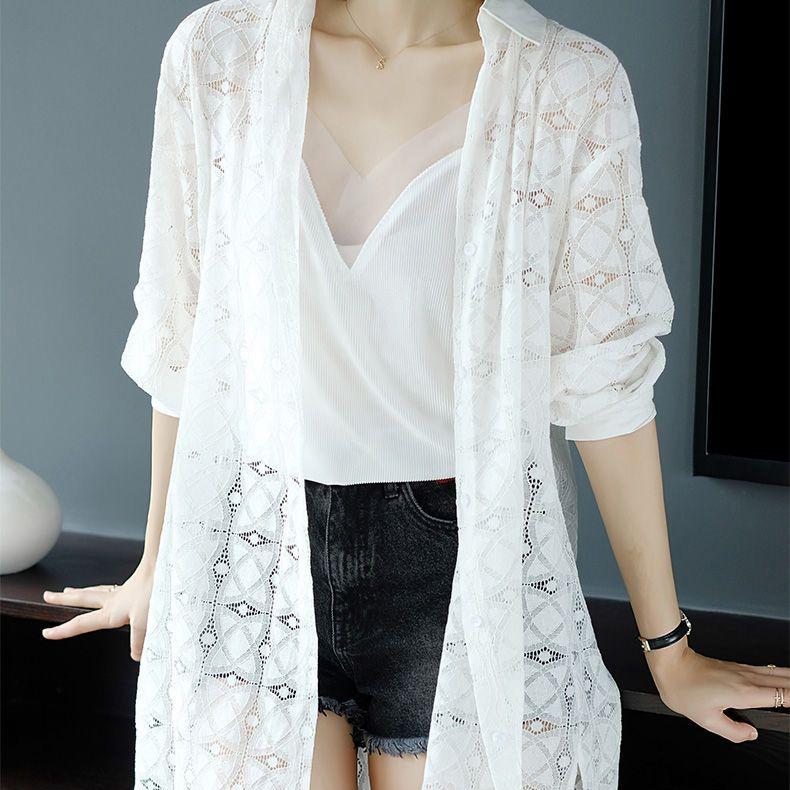 Summer Mid Length Ice Silk Long Sleeved Hollow Lace Shirt Cardigan Women's Sun Protection Clothes Air Conditioning Shirt Shawl Thin Style