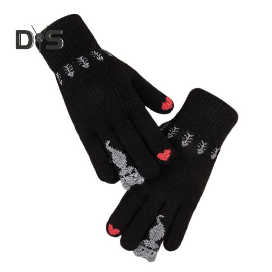 

1 пара женских зимних перчаток из жаккарда, утолщенные, вязаные, с пятью пальцами, с сенсорным экраном, с рисунком мультяшного кота, противоскользящие, для холодной погоды, для вождения, гольфа, катания на лыжах чёрный