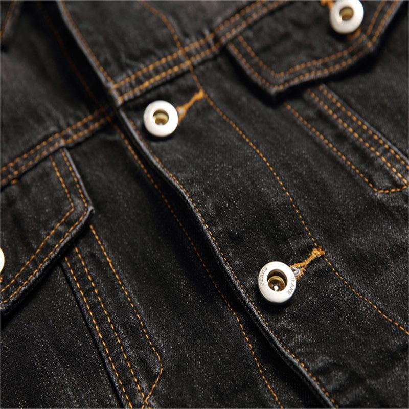 Evropská a americká jarní a podzimní nová černá roztrhaná džínová bunda s kapsami ve švu, bavlněná jednořadá volná džínová bunda pro mládež