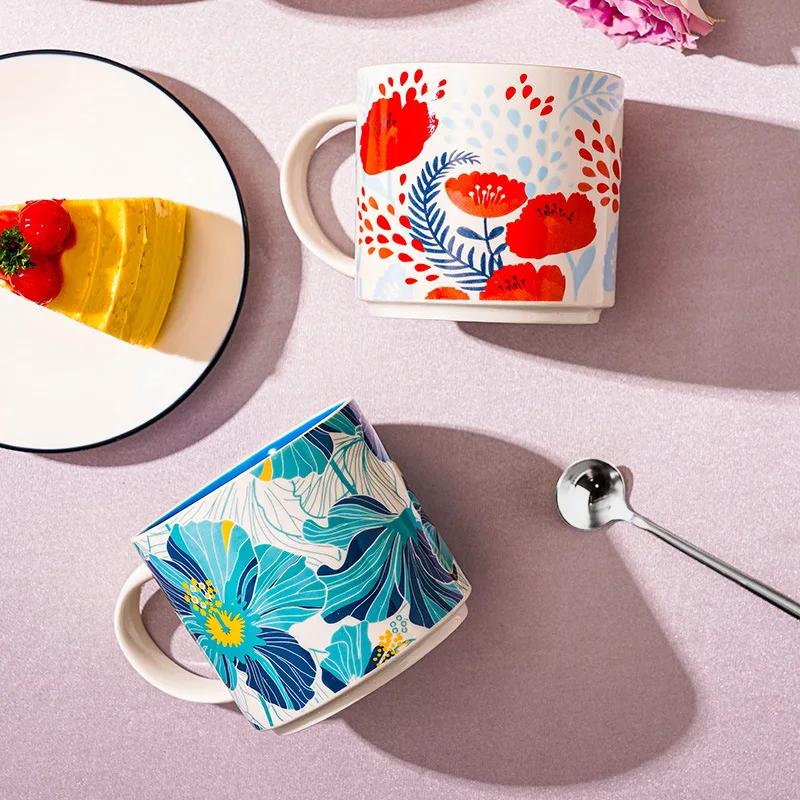 Floral Glaze Bird Pattern Ceramic Mug Handmade Household Coffee Mugs Large Capacity Anti-scald Breakfast Oatmeal Milk Tea Cup