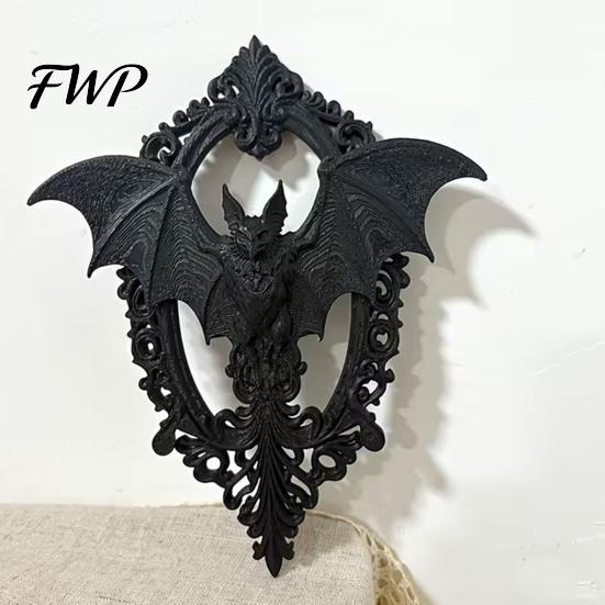 Industrial Style Wall Accent 3D Printed Gothic Bat Hanging Decor, Vintage Frame Art, Decor Dark Sculpture for Halloween Home Living Room Bedroom