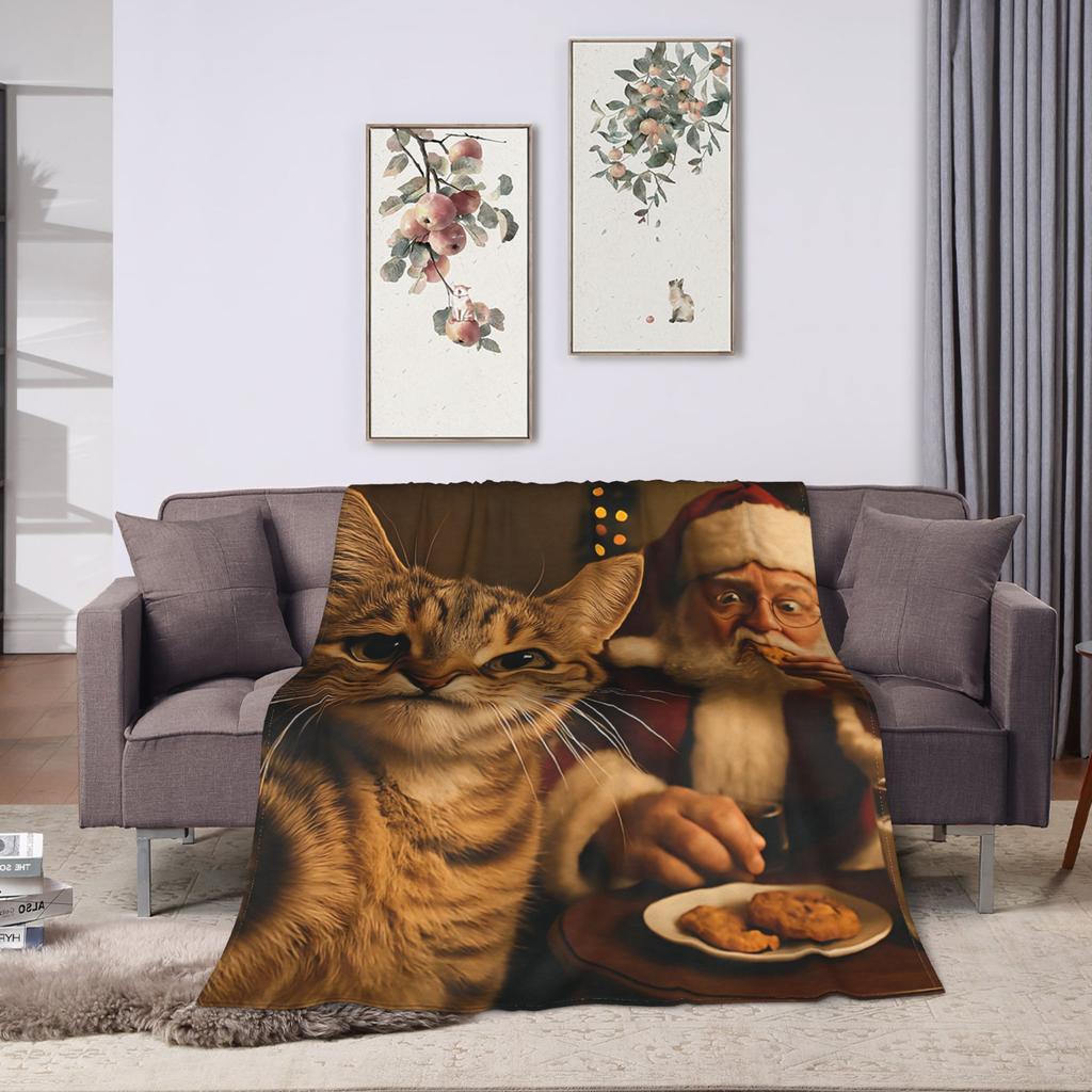Cat Selfie with Santa Plush Blanket Kids Adult Flannel Bedding Throws For Couch Chair Soft Warm Custom Quality Bedspread
