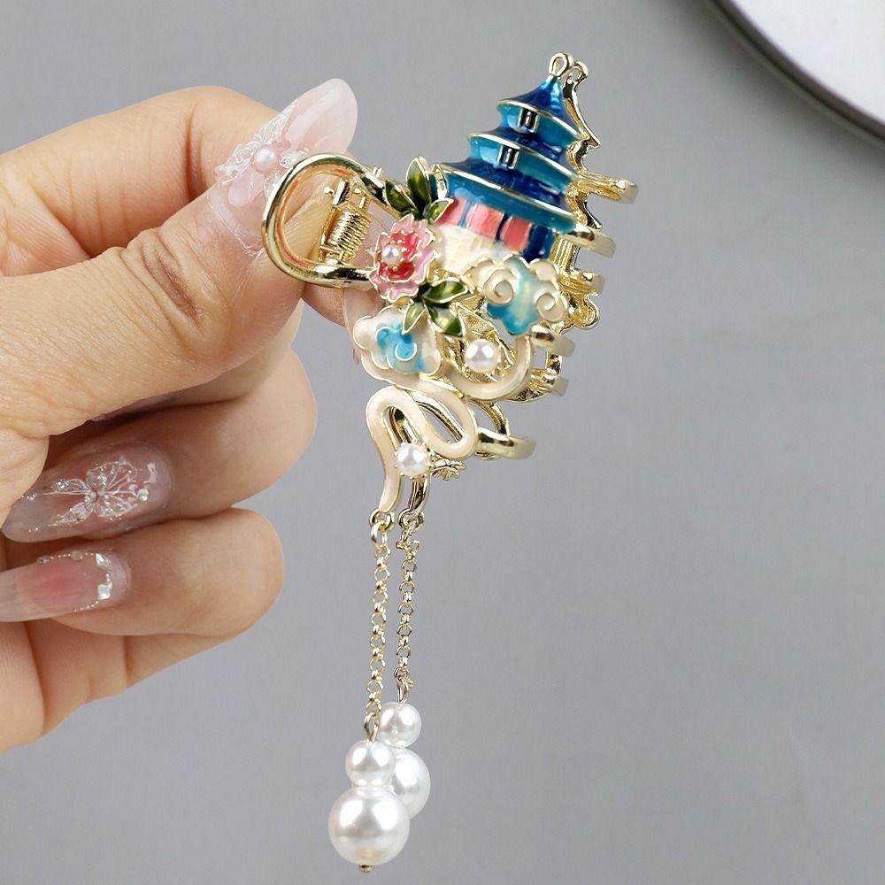 enamel Chinese Style Hair Claw Pearl Metal Shark Clip Cheongsam Design Hair Clip  Girls