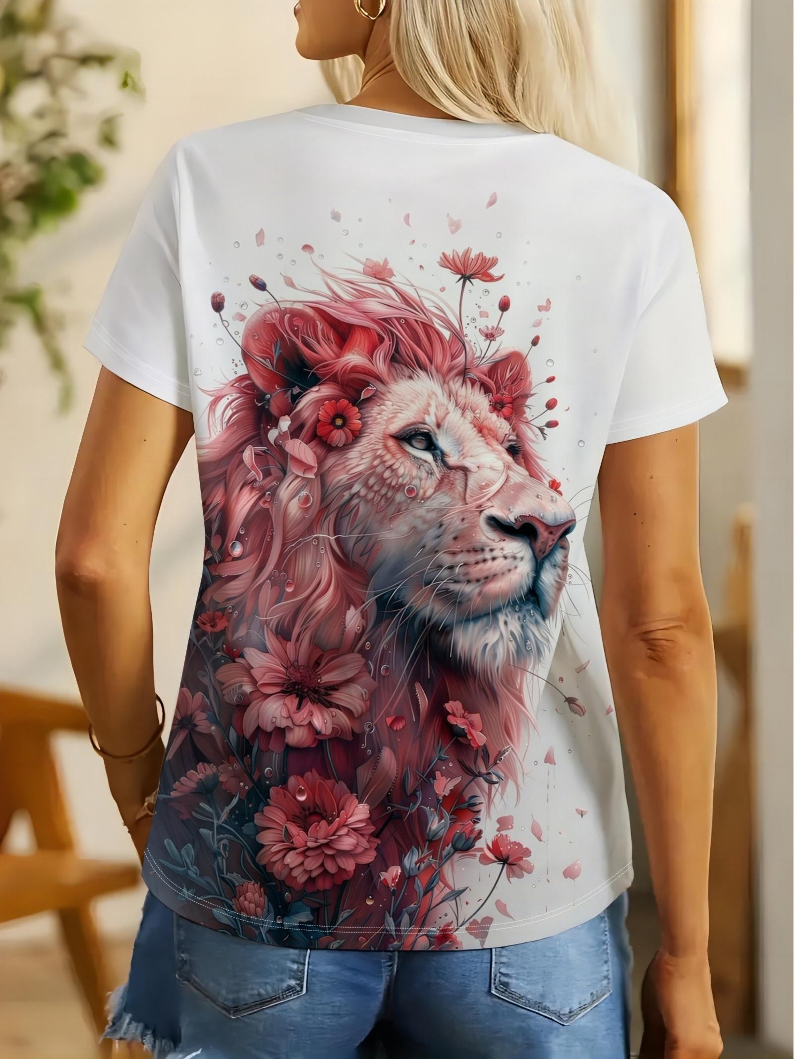 

Women s T-Shirt - Fit - Versatile Pink Floral Lion Oil Painting T-Shirt. Niche Artistic Round Neck Short Sleeve Top. Suitable for Spring. Summer. and L дубильная кора