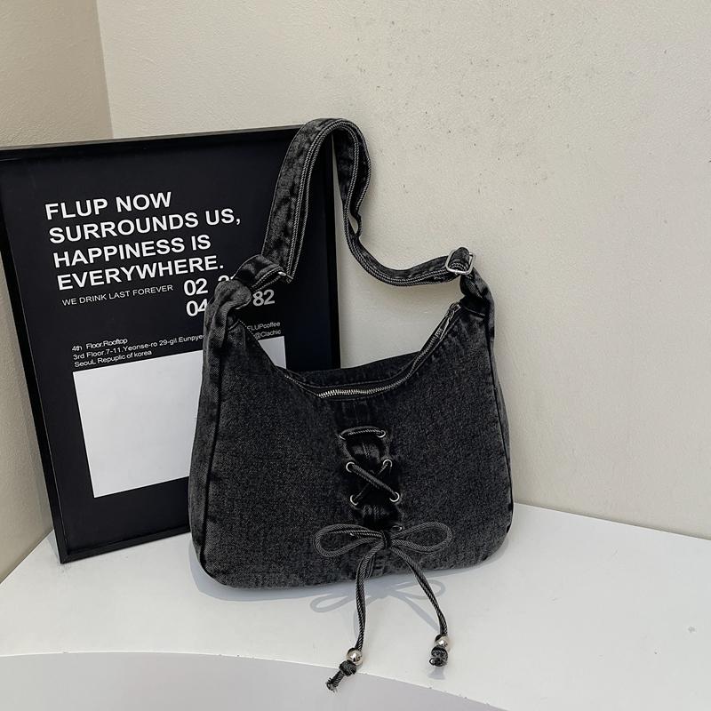 Denim Crossbody Bag Women's Bow Shoulder Bag Commuter Underarm Bag