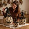 Vintage Ghost Face Decor Halloween Pumpkin Decoration with Wizard Hat, Resin Witch Figurine Indoor Fall Home Accents Bow, Rustic Tabletop Ornament for