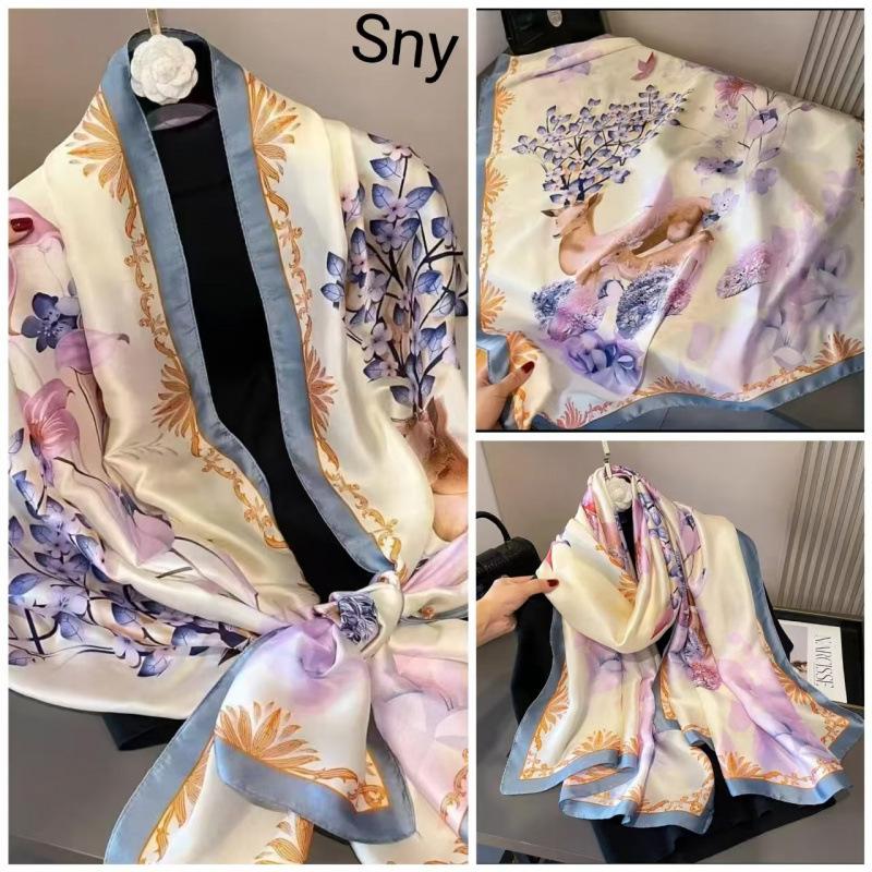 Spring and Summer Thin Silk Scarf High-end Printed Long Scarf New Satin Travel Sunscreen Scarf National Style Cloak