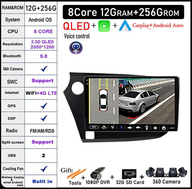 QLED Android 14 Pentru Honda INSIGHT 2 2009-2014 Radio Auto Player Multimedia Autoradio DSP Navigație GPS CarPlay Stereo