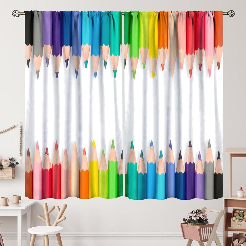 Kids Cartoon Pencil Curtains Colorful Crayons Art Printed School Curtain Nursery Bedroom Living Room Home Polyester With Rod Pocket Washable Sitting
