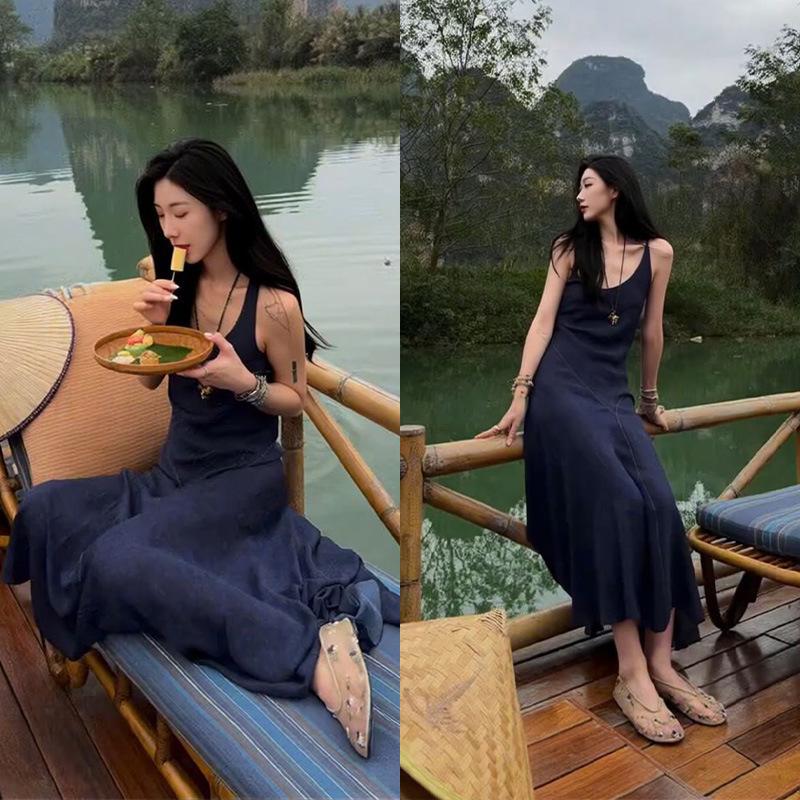 Nana Style Navy Blue Slim Fit Knee-Length Irregular Vest Dress for Women - Summer S (45-52kg)