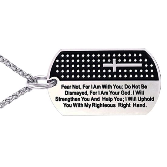 Stainless Steel Dog Tag Cross Bible Verse Pendant Men Necklace Christian Jewelry