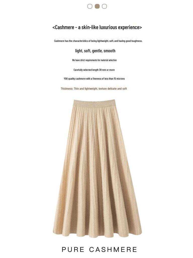 Women's High-Waisted Cashmere Pleated A-Line Skirt - Autumn/Winter Korean Style, Solid Color, Casual Wear