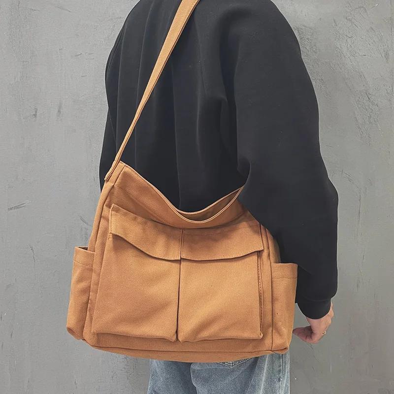 Canvas Zipper Crossbody Shoulder Bags Men's Bags Sale 2026 High Quality Causal Solid Sewing Thread Bolsa Transversal