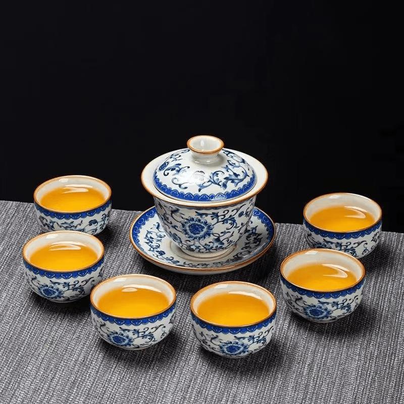 Chaxun 7-Piece Ceramic Gaiwan Tea Set - Yellow Ru Scrolling Lotus
